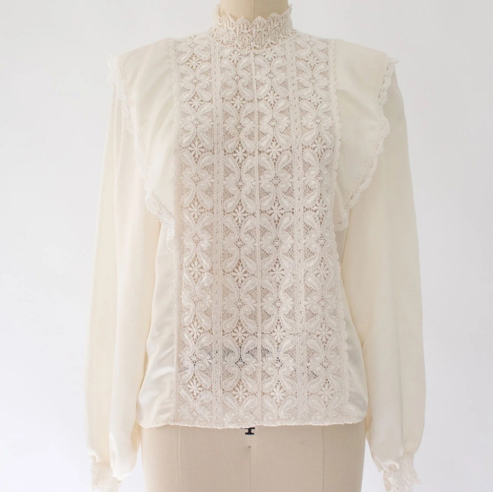 SAN ANDRE VINTAGE 80S VICTORIAN CREAM BLOUSE NEO EDWARDIAN LACY BLOUSE Size 10 - Picture 2 of 15